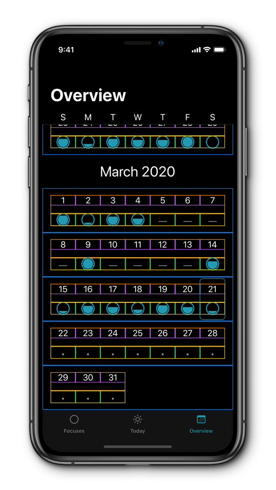 Sreenshot of Focuses calendar with boxes around elements