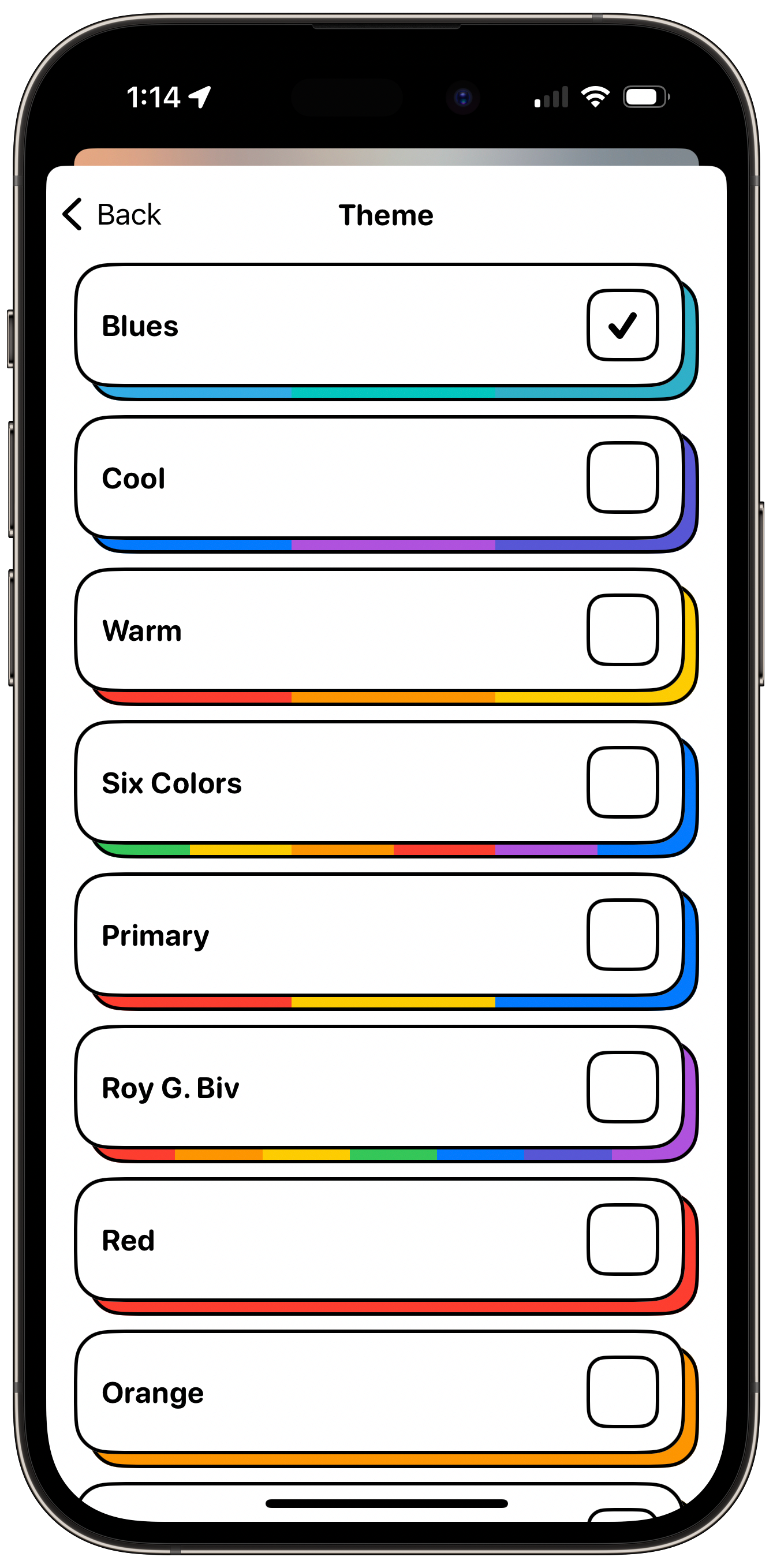 A screenshot showing several color theme options