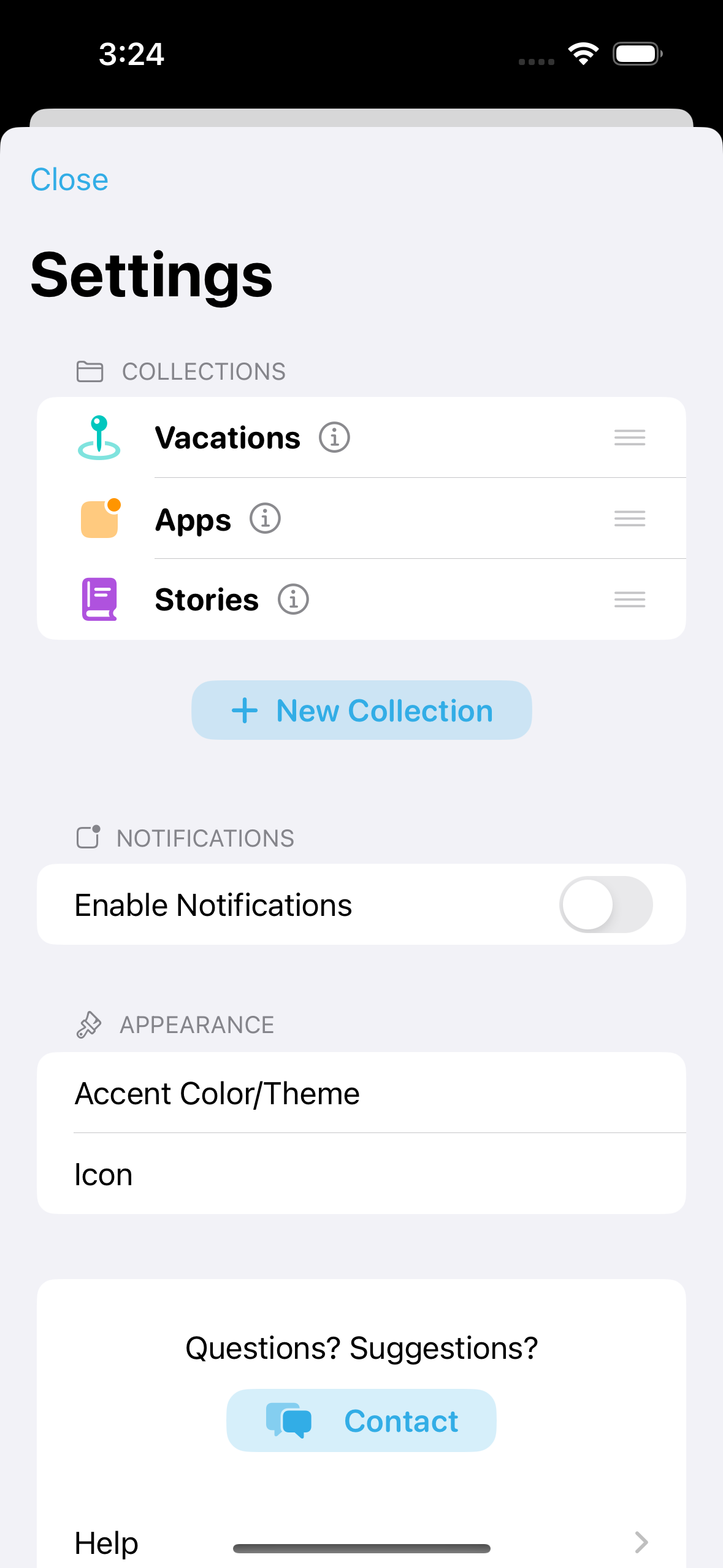 Screenshot of settings view