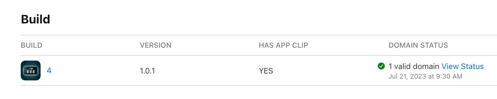 App Store Connect build section showing a build with 1 valid domain